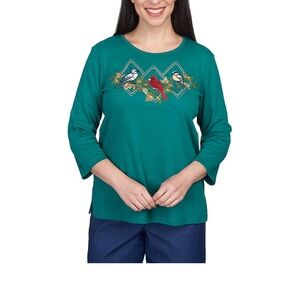 Alfred Dunner Missy classics embroidered Birds green top RV $65 NWT cardinal jay